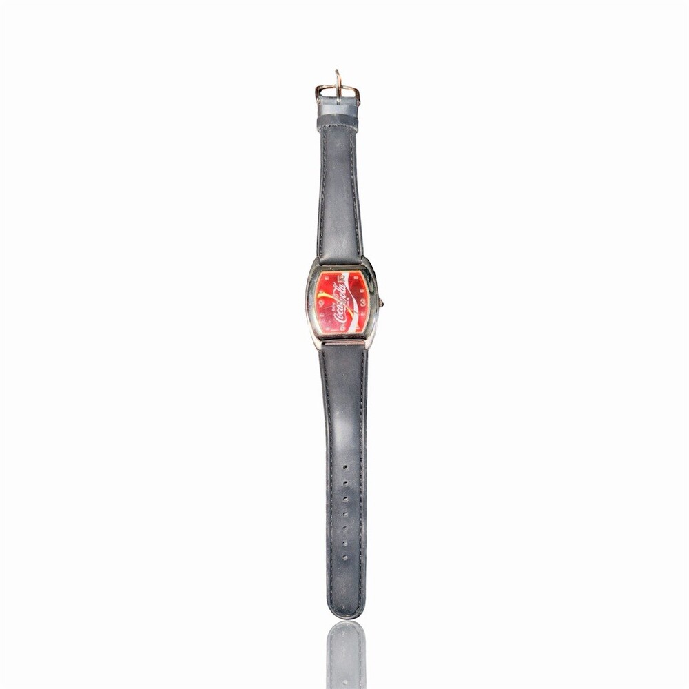 Vintage Coca-Cola Quartz Wristwatch Red Coke Can Dial Black Leather Strap